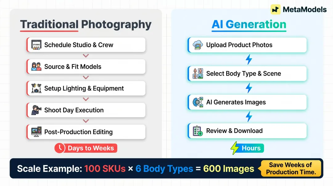 Traditional photography versus AI generation workflow speed and output comparison infographic