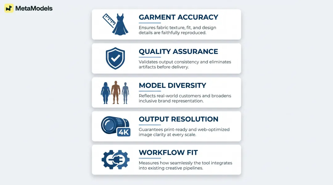 Five-criteria AI fashion photography platform evaluation framework comparison chart