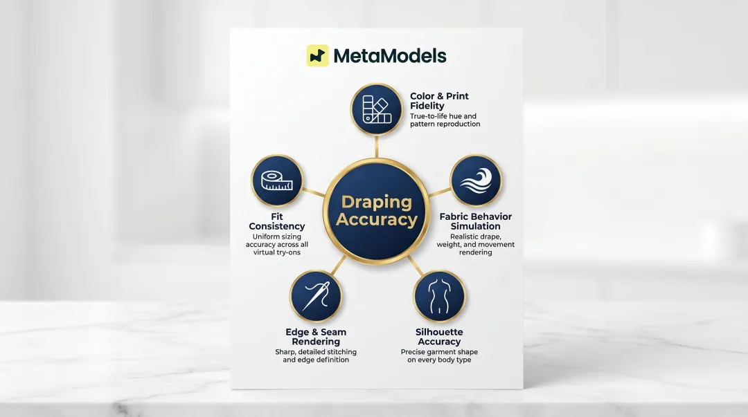 Five dimensions of AI model draping accuracy framework infographic