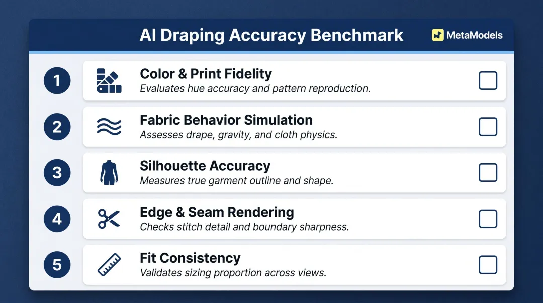 Five-point AI draping accuracy evaluation benchmark checklist for platform comparison
