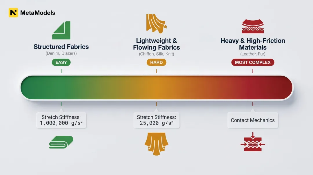 AI draping difficulty spectrum comparing structured flowing and heavy fabric types