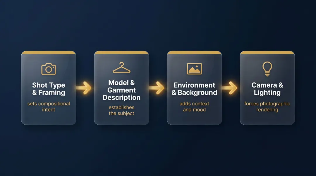 4-layer AI fashion prompt anatomy framework process flow diagram