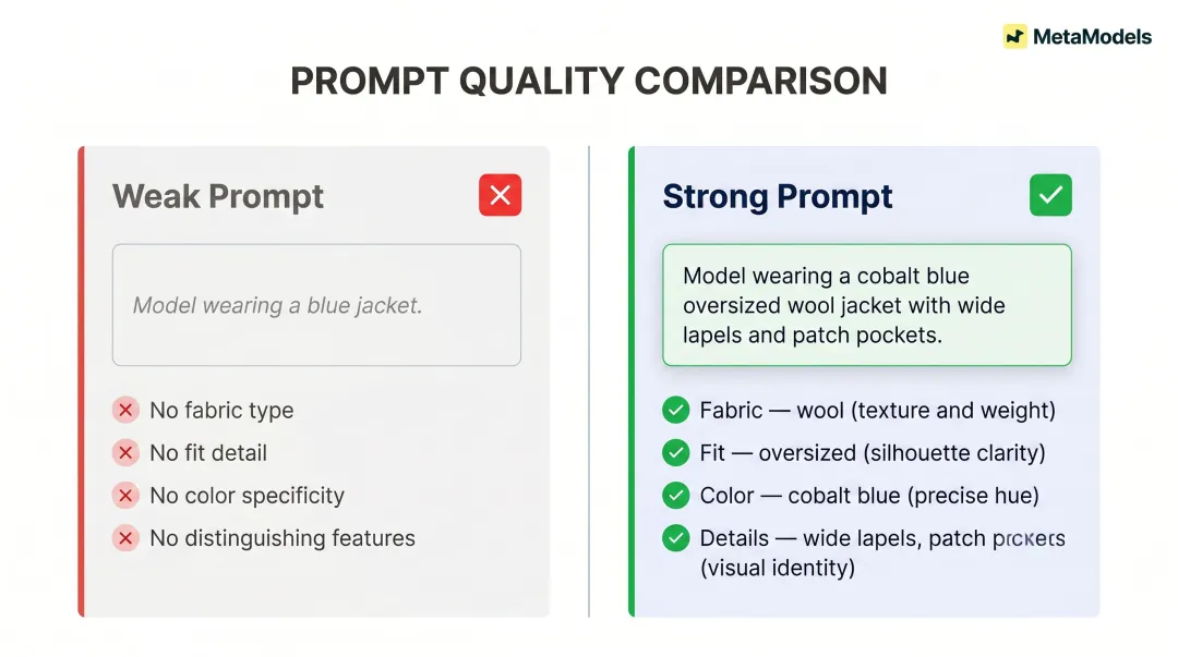 weak versus strong AI fashion garment prompt description side-by-side comparison