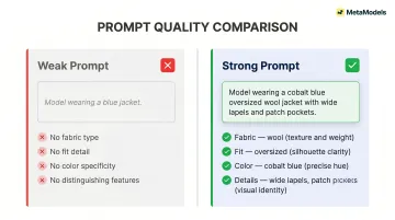 weak versus strong AI fashion garment prompt description side-by-side comparison