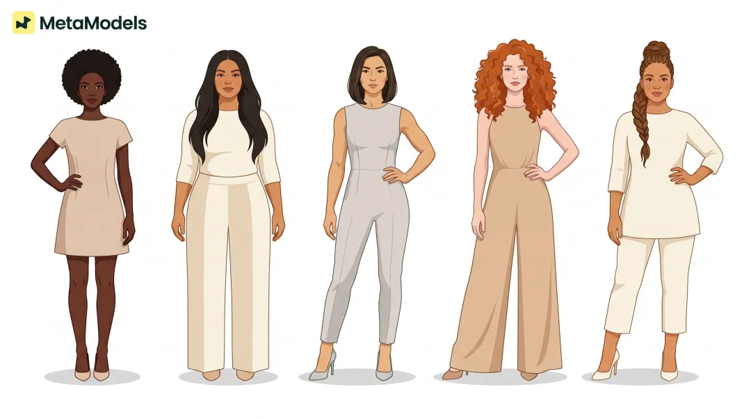 Diverse AI fashion models representing varied ethnicities body types and age demographics