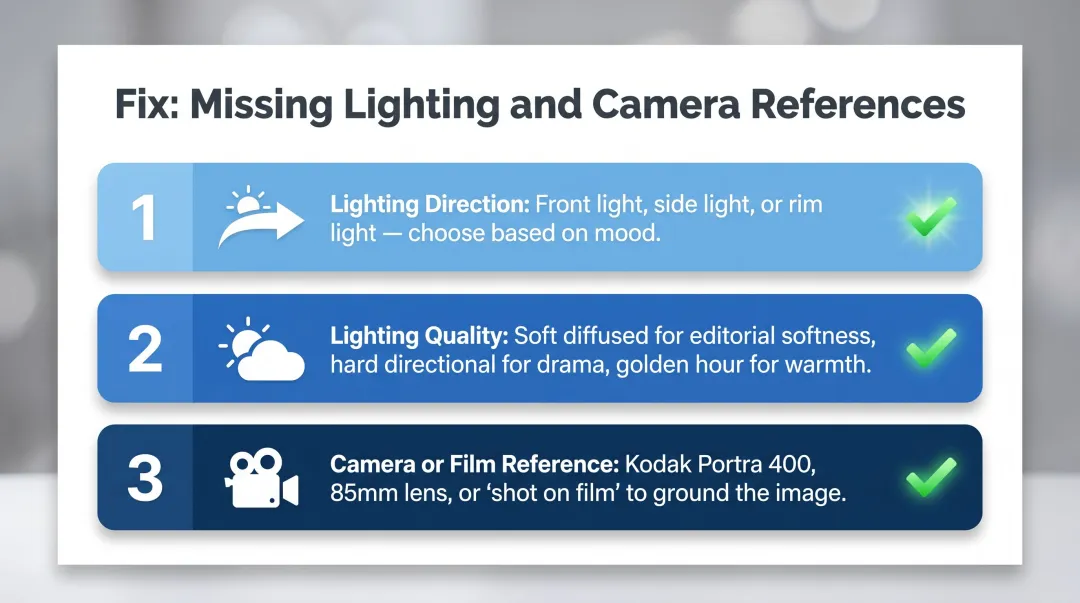 3-step fix for missing AI fashion prompt lighting and camera references checklist