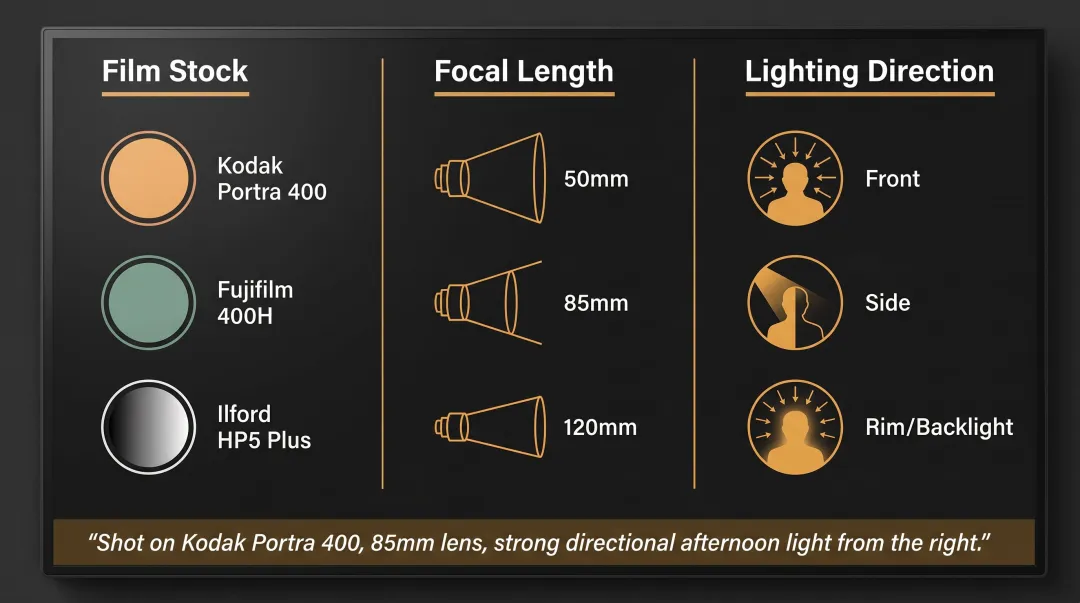 AI fashion photography film stock focal length and lighting combination reference guide