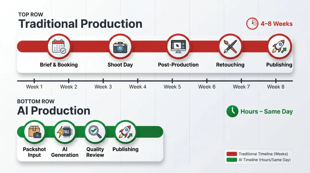 Traditional versus AI fashion photography production timeline speed to market comparison