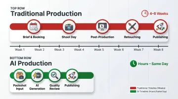 Traditional versus AI fashion photography production timeline speed to market comparison