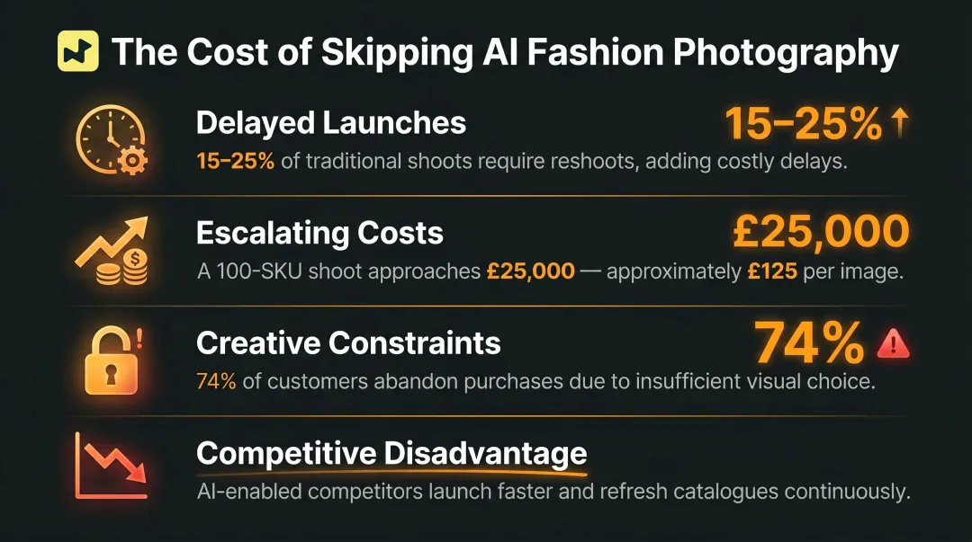 Four competitive risks of ignoring AI fashion photography for traditional brands infographic