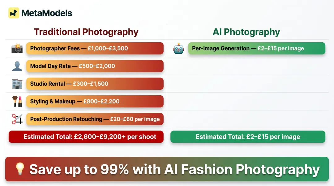 Traditional fashion photography cost breakdown versus AI photography cost comparison