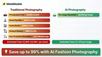 Traditional fashion photography cost breakdown versus AI photography cost comparison