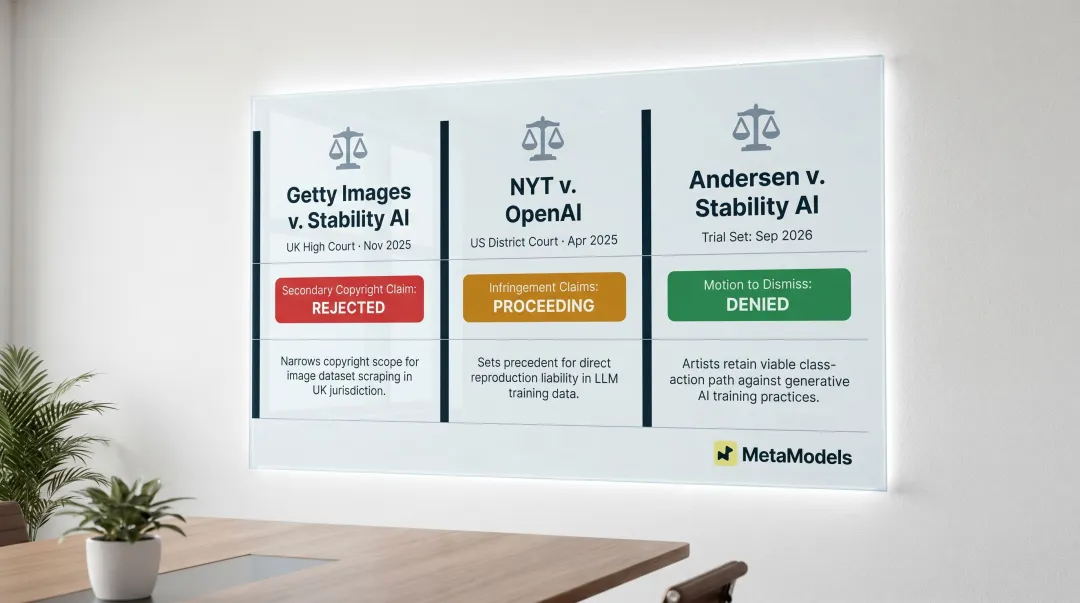 Three AI copyright training data lawsuits comparison chart outcomes and status