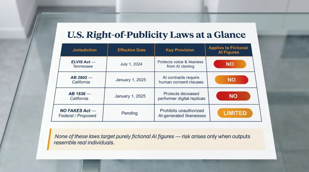 US AI likeness right of publicity laws comparison chart ELVIS Act NO FAKES Act