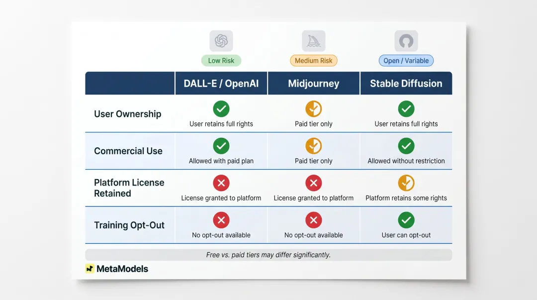 AI image platform copyright ownership comparison OpenAI Midjourney Stable Diffusion