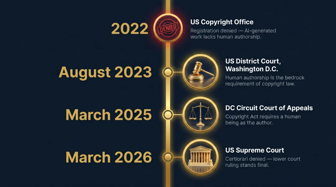 Thaler v. Perlmutter AI copyright case timeline from 2022 to 2026 Supreme Court