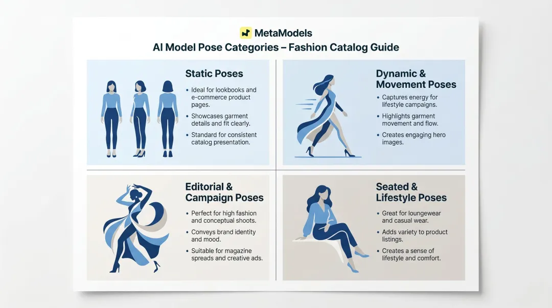Four fashion catalog AI pose categories static dynamic editorial and lifestyle overview