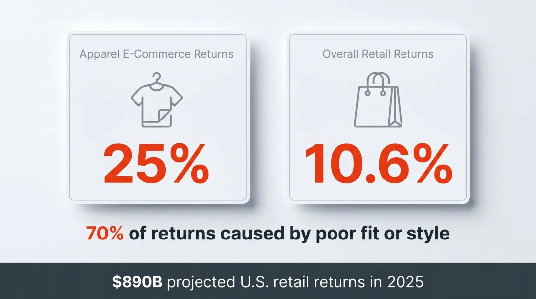 Apparel return rate statistics showing 70 percent fit-related returns versus overall retail