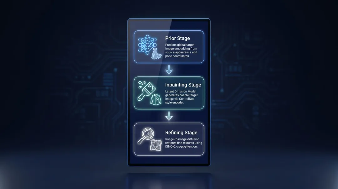 Three-stage AI diffusion model pipeline for garment pose reconstruction and texture refinement