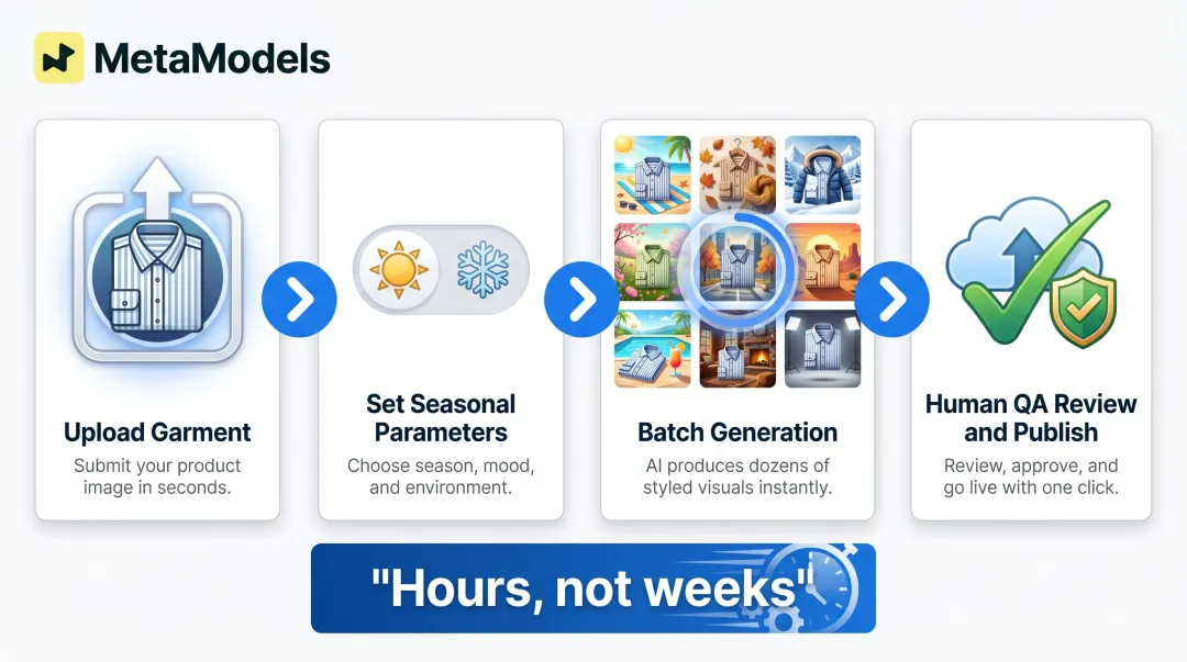 Four-step AI seasonal fashion model imagery workflow from packshot to published campaign