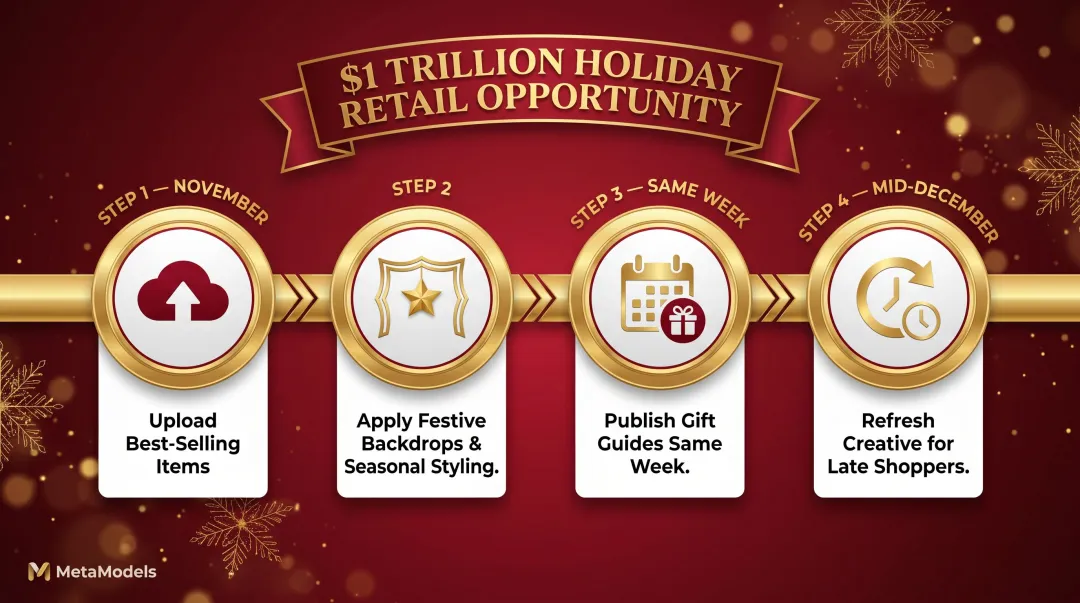 Holiday season AI content calendar workflow from November upload to December refresh