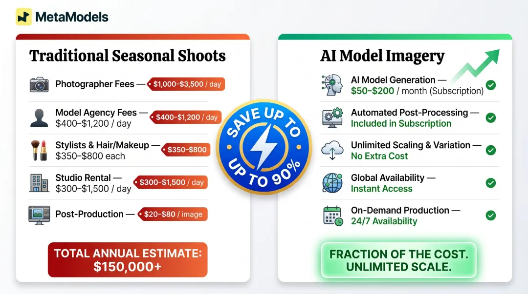 Annual fashion photography cost breakdown comparing traditional versus AI production expenses