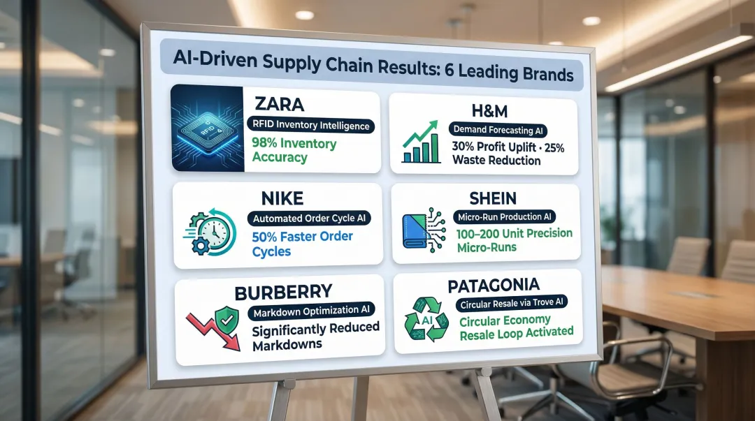 Six fashion brands AI supply chain results comparison chart with key metrics
