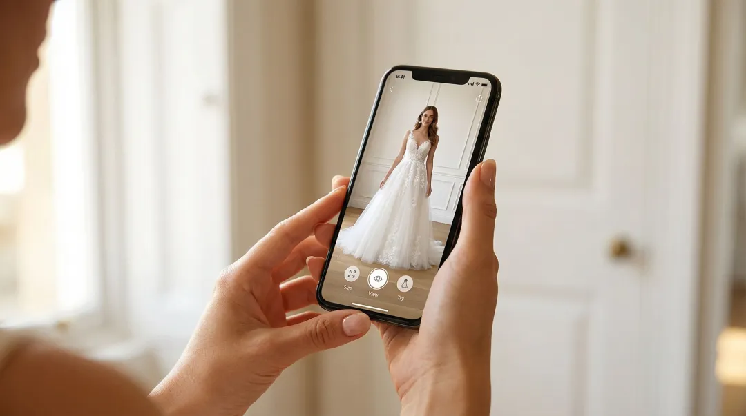 Mobile phone screen displaying virtual try-on fashion app with outfit overlay