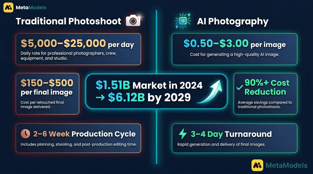 AI versus traditional fashion photography cost comparison infographic with statistics