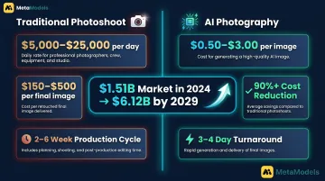 AI versus traditional fashion photography cost comparison infographic with statistics