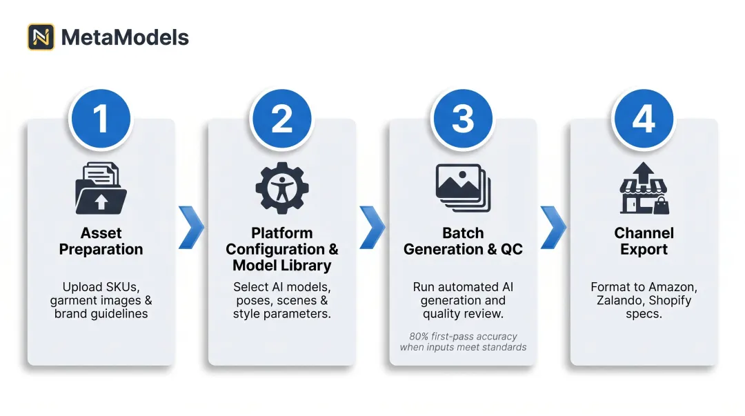 AI fashion catalogue workflow four-step process from input to channel export