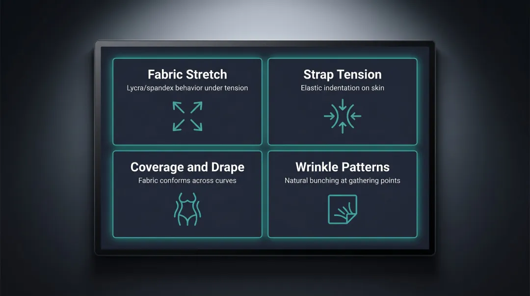 Swimwear AI fabric simulation four-property breakdown process infographic