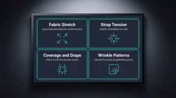 Swimwear AI fabric simulation four-property breakdown process infographic