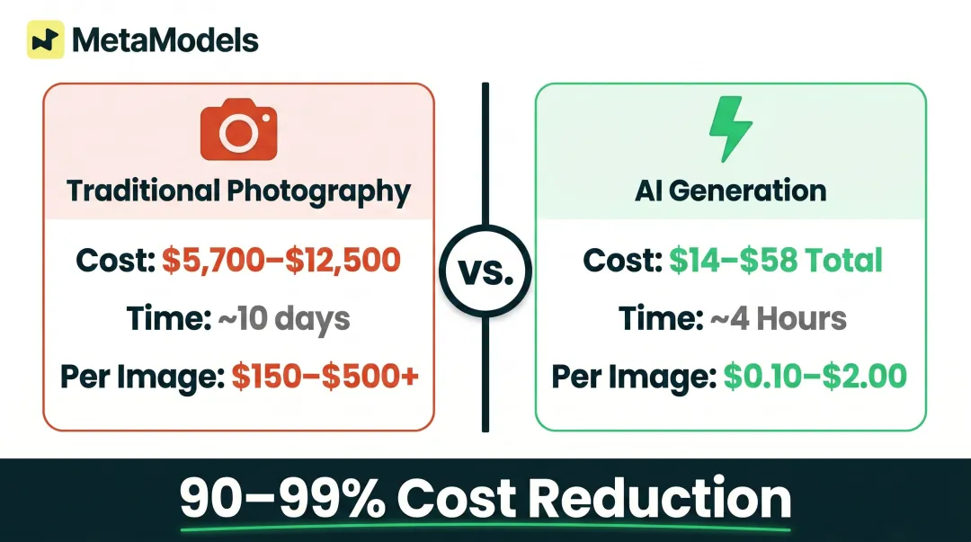 Traditional photography versus AI swimwear image generation cost and time comparison