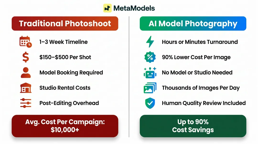 AI model photography cost and workflow comparison traditional photoshoot versus AI generation