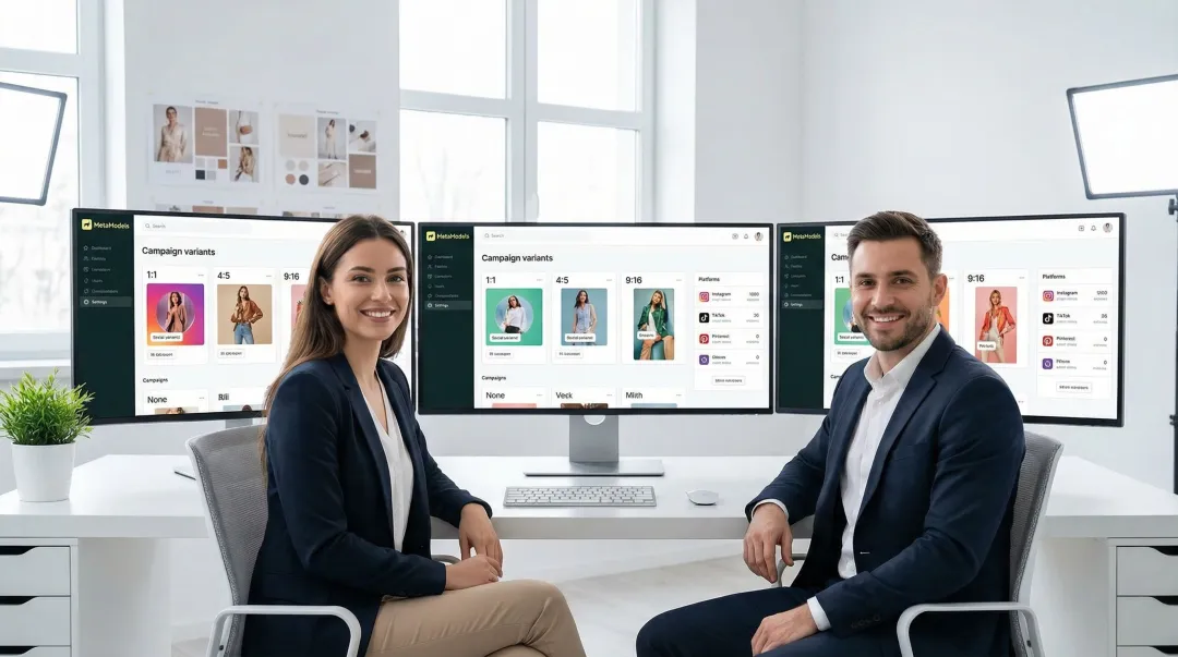 Fashion brand marketing team generating multi-platform social media campaign content variations