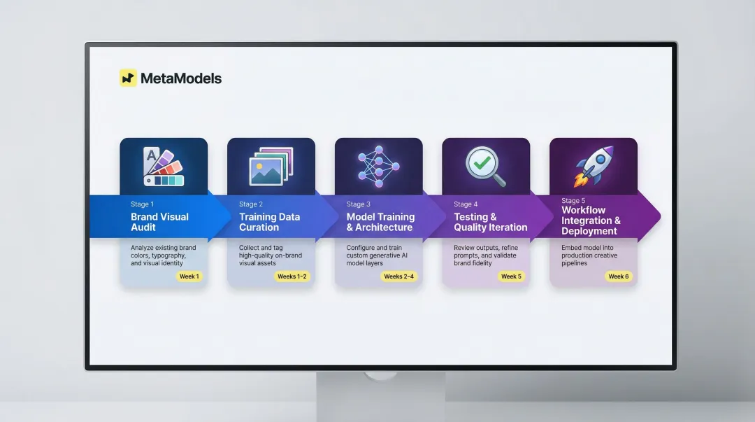 5-step custom AI model build process from brand audit to workflow deployment