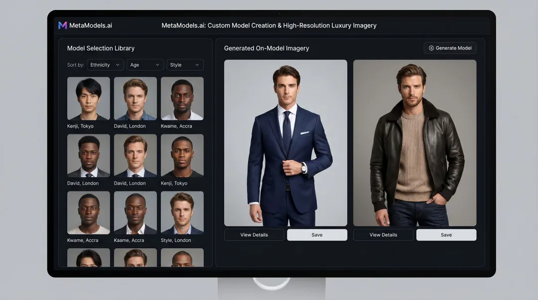 MetaModels.ai platform interface showing diverse virtual male models and menswear imagery