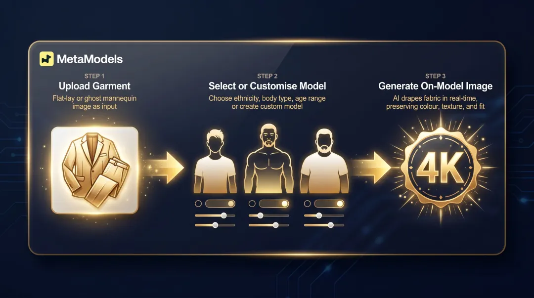 Three-step AI virtual male model creation workflow from packshot to on-model image