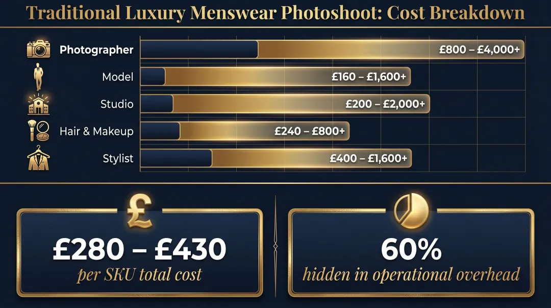 Traditional luxury menswear photoshoot cost breakdown per SKU infographic