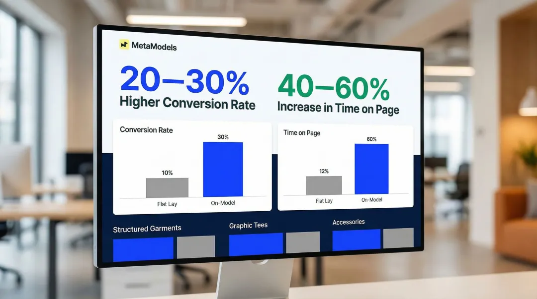 On-model versus flat lay conversion rate statistics and time-on-page data comparison
