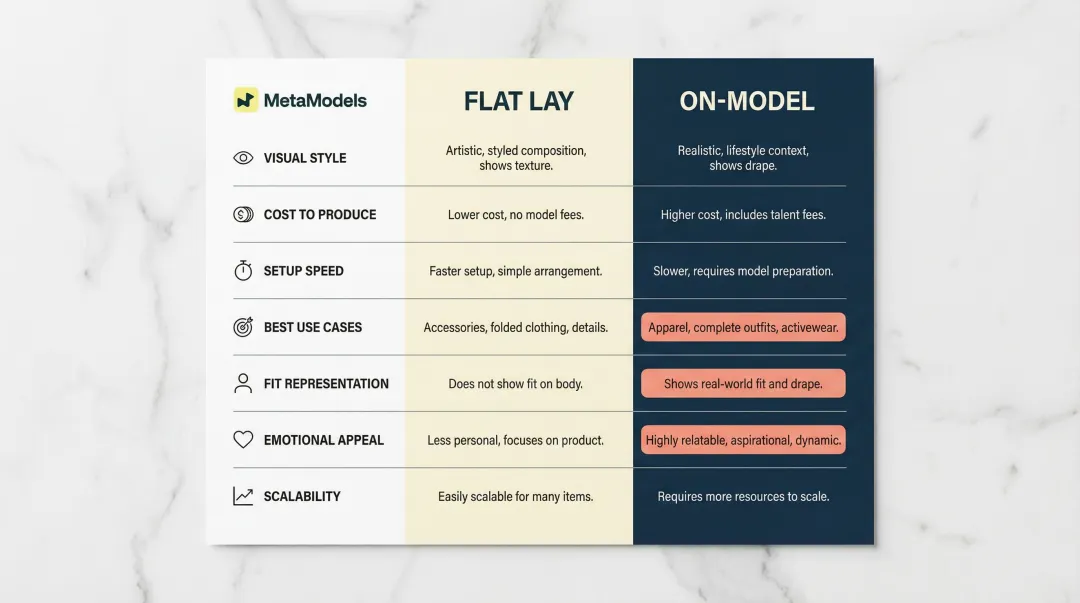 Flat lay versus on-model photography comparison across seven e-commerce criteria