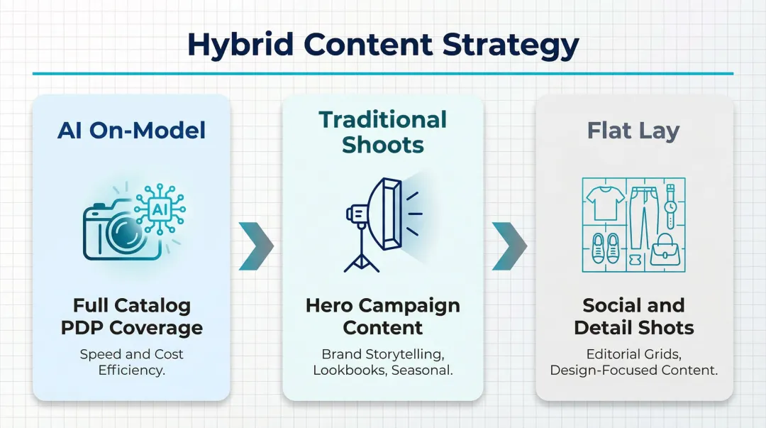 Three-format hybrid photography workflow for fashion e-commerce brands infographic