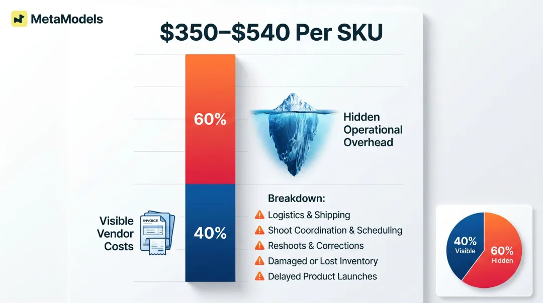 Traditional fashion photography per-SKU cost breakdown showing visible versus hidden expenses