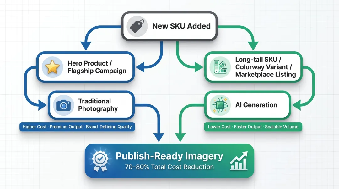 Hybrid AI and traditional fashion photography cost reduction strategy workflow diagram