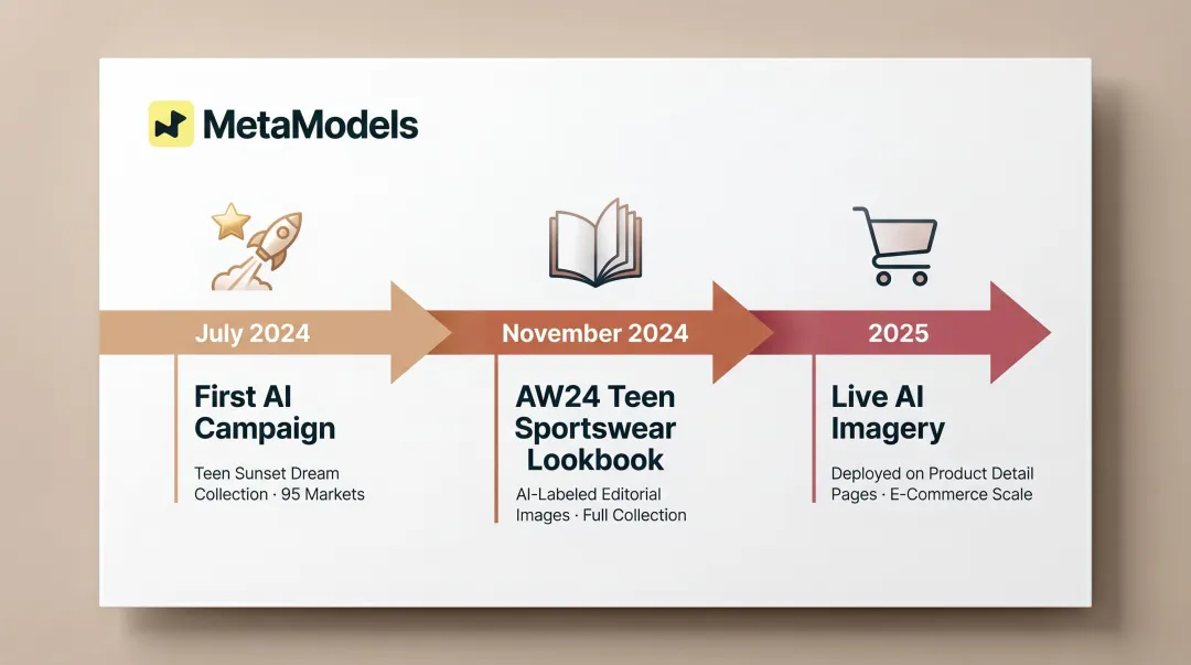 Mango AI fashion imagery three-stage evolution timeline from 2024 to 2025