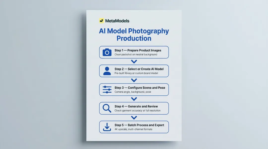 5-step AI model apparel photography workflow from product image to export
