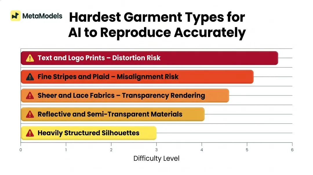 Garment fidelity challenge categories ranked by AI rendering difficulty infographic