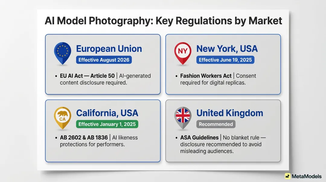 AI model photography regulations by region EU US New York California UK comparison