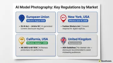 AI model photography regulations by region EU US New York California UK comparison